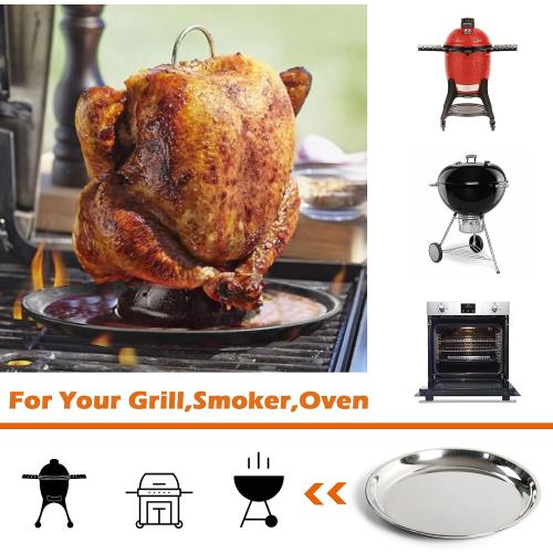 14 In Stainless Steel Roasting Pan, Stainless Steel Heavy Duty Kitchenware Round Roaster Pan Large XLarge Big Size Green Egg Drip Pan for Turkey Baking,Roast Chicken,Brushed Surface & Dishwasher Safe