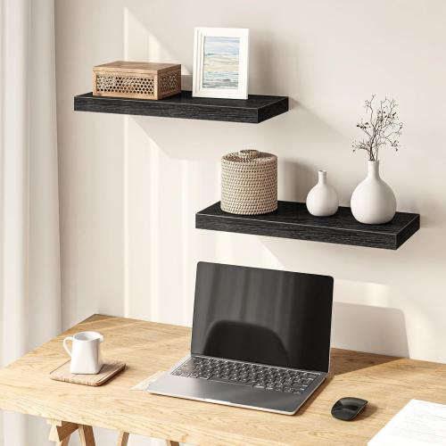 Fixwal Floating Shelves for Wall, 15.7 Wood Wall Mounted Shelves for Living Room, Bedroom, Bathroom and Kitchen, for Storage, Books, Room Decor (Black, Set of 2)