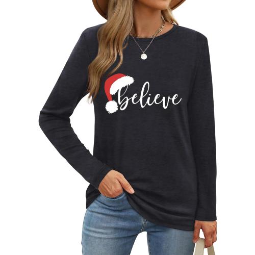 Size XL Merry Christmas Shirts for Women Funny T-Shirts for Women Crew Neck Xmas Long Sleeve Multiple Graphic Tee Tops