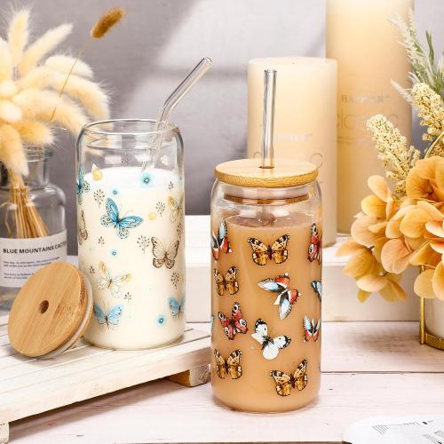 Cunhill 4 Pcs Butterfly Glass Cups Bulk Butterfly Iced Coffee Cup with Bamboo Lid and Straw 16oz Drinking Glasses Beer Can Cup for Birthday Gift Women Teacher Mom Sister