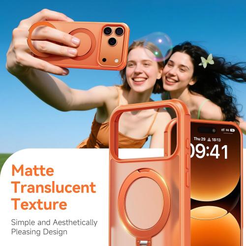 360 Spin Magnetic Stand (Pro-Version) for iPhone 17 Pro Case (Compatible with MagSafe) [Military Drop Protection] Matte Translucent Shockproof Protective Phone Case 6.3'', Cosmic Orange