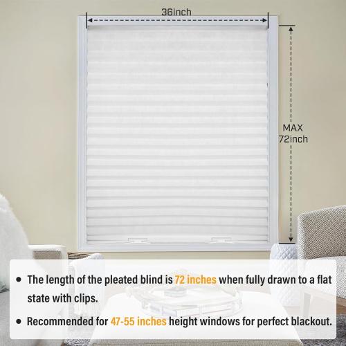 6 Packs Cordless Pleated Light Filtering Window Shade 36 in x 72 in Easy to Cut and Install, White, Paper Blinds with 12 Clips