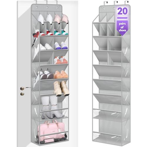 Grey MISSLO Clear Over the Door Shoe Organizer Large Deep Pockets Hanging Shoe Rack for Closet Fit 20 Pairs Shoe Holder for Sneakers Boots Storage，Grey