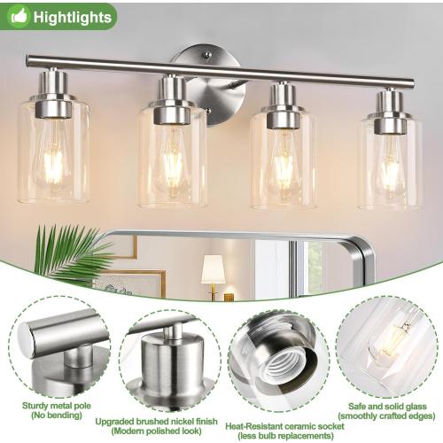 4-Light Bathroom Light Fixtures, Brushed Nickel Modern Vanity Lights Over Mirror with Clear Glass Shade, Bathroom Wall Lamp for Mirror Kitchen Living Room Hallway Cabinet Porch Bedroom Reading room