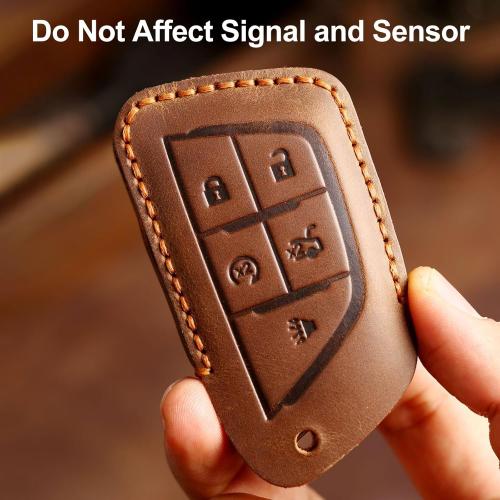 Leather Key Fob Cover, Compatible with 2020~up Cadillac Escalade CT4 CT5 CT6 XTS XT4 XT5 ATS etc, Retro Style Design Key Holder Protector(6 Button, Brown)