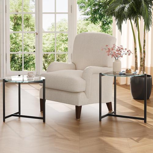 16 Inch Round Glass Coffee Table, Tempered Clear Glass Top with Sturdy Black Metal Frame, Easy Assembly Modern Side Table/End Table for Living Room, Bedroom, Office