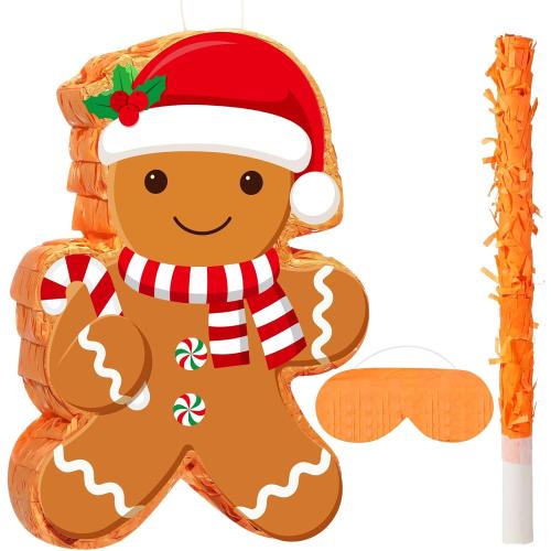 Christmas Gingerbread Man Piñata 16 Inch Mexican Piñata with Stick Blindfold Pack Christmas Prop Bundle for Xmas Birthday Holiday Game Favors Photo Prop Decoration