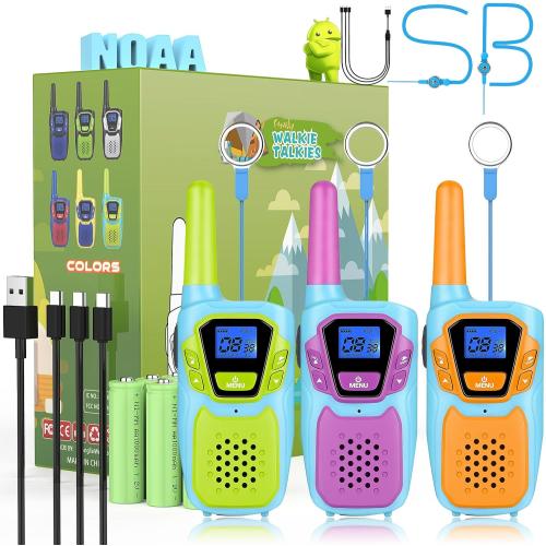 Kids Walkie Talkies 3 Pack NOAA Walkie-Talkies for Adults Rechargeable Long Range 2 Way Radios for Family Camping Hiking Skiing Cruise Ship, Toys for 3-12  Year Old Girls Boys Toddlers