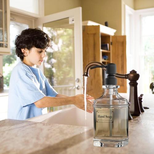GLADPURE 2 Pack Soap Dispenser, 18 Oz Antique Design Thick Glass Hand Dispensers; with 304 Rust Proof Stainless Steel Pump, 6Pcs Clear Stickers, for Kitchen, Bathroom- Black