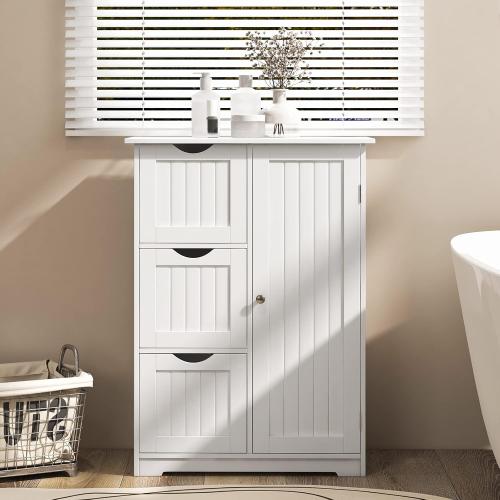 Wooden Freestanding Cabinet w/Adjustable Shelf, 3 Drawers & 1 Door, for Bathroom, Living Room, Entryway & Kitchen