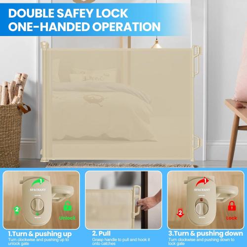 Retractable Safety Baby Gate or Mesh Dog Gate,Durable Portable Mesh Retractable Gate,Easy to Use for Stairs, Doorways, Hallways, Indoor, Outdoor, 33.5 Tall, Up to 45 Wide, Cream