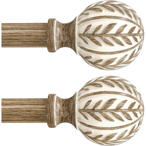 2 Pack Boho Wood Curtain Rods for Windows 66 to 120 inch,1 Adjustable Heavy Duty Window Curtain Rod with Imitation Wood Grain Finials,Rustic Decorative Drapery Rods Set 36-120'',Weathered Wood