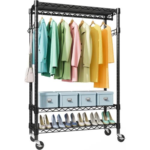 Size 17.7 D x 47.2 W x 83.6 H Color Black Heavy Duty Rolling Garment Rack 3 Tiers Adjustable Wire Shelving Clothes Rack with Rods and Side Hooks,Storage Closet Clothing Rack with Wheels Black 17.7 D x 47.2 W x 83.6 H