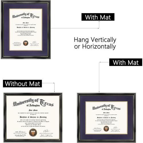GraduationMall 11x14 Diploma Frame with Purple over Gold Mat or Display 15x18 Certificate without Mat,Solid Wood & UV Protection Acrylic,Glossy Black Finish with Gold Trim