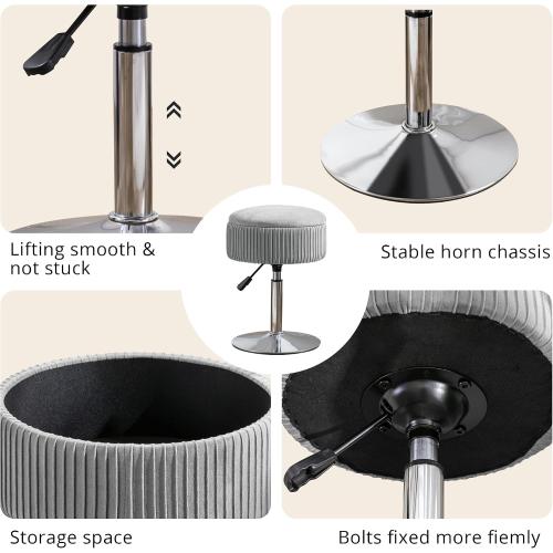 360°Swivel Vanity Stool Chair for Makeup Room, Height Adjustable Stool for Vanity with Storage, Small Grey Velvet for Bathroom, Living Room