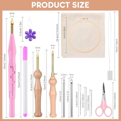 MSDADA  Punch Needle Kit, Adjustable Punch Needle Tool, Wooden Handle Embroidery Pen Kits, Hoops, Cloth, Punch Needle Set Adults Beginner for DIY Craft, Perfect for Decoration and Gifts（Pink）