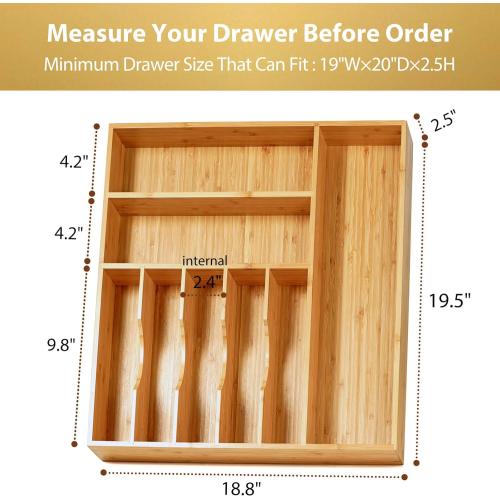 Umilife Large Kitchen Drawer Organizer, 19x20 Silverware Utensils Organizer, 2.5 High for Large Deep Drawers, Bamboo Flatware Holder with Thick Frames, Sturdy Kitchen Organization Tray