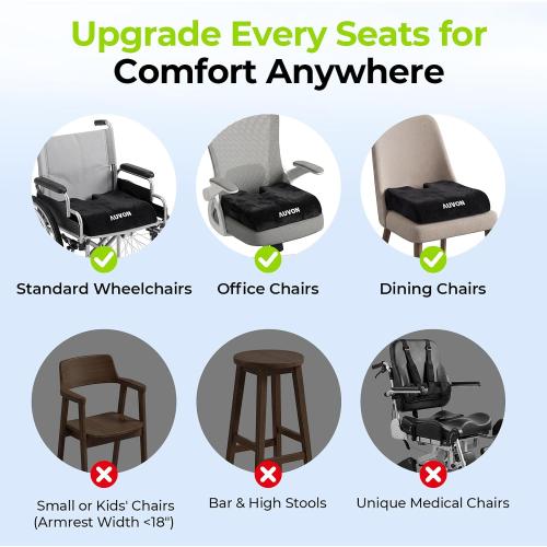 AUVON Wheelchair Seat Cushions (18x16x3) for Sciatica, Back, Coccyx, Pressure Sore and Ulcer Pain Relief, Memory Foam Pressure Relief Cushion with Removable Strap, Breathable & Waterproof Fabric
