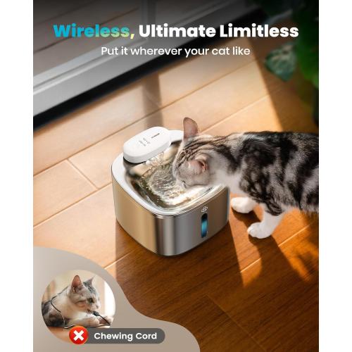 oneisall Wireless Cat Water Fountain, 3.5L/118oz Battery Operated Pet Drinking Fountain Stainless Steel, Running Water Dispenser Fountains for Cats, Cordless&Rechargeable with Motion Sensor(Hale 3.5L)