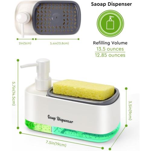 Hand and Dish Soap Dispenser Set for Kitchen, Dual Soap Dispenser with Sponge Holder, 3-in-1 Countertop Soap Pump Dispenser for Kitchen Sink, Useful Kitchen Gadgets - White