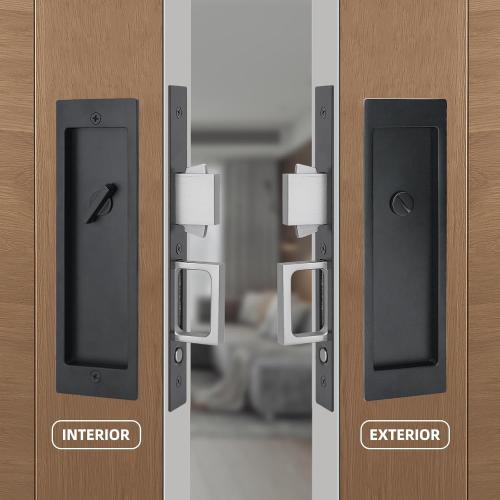 LWZH Privacy Pocket Door Lock Hardware, Hidden Handles, Privacy Pocket Door Lock with Push Automatic Bounce Switch (Black)