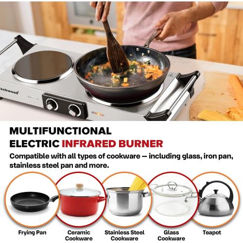 Techwood Electric Stove, Double Infrared Ceramic Hot Plate for Cooking, Two Control Cooktop Burner, Portable Anti-scald handles Suitable for Office/Home/Camp Use, 1800W Compatible for All Cookwares