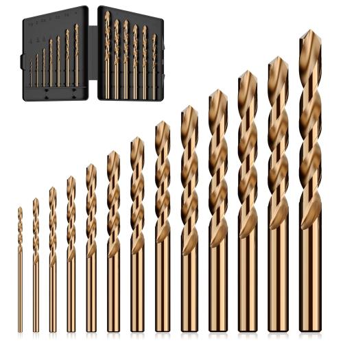 Cobalt Drill Bit Set, 13Pcs M35 High Speed Steel Jobber Length Drill Bit Kit for Hardened Metal, Stainless Steel, Cast Iron, Wood and Plastic, with Index Storage Case, 1/16-1/4
