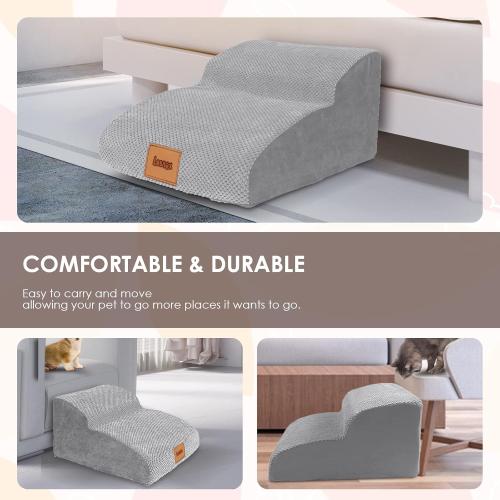 Grey 11.8H Extended Dog Stairs, 2 Step, 30D Foam Pet Stairs with Waterproof Cover,Dog Step for Small Dogs Cats with Old/Injured, 11.8 H,Wider Step