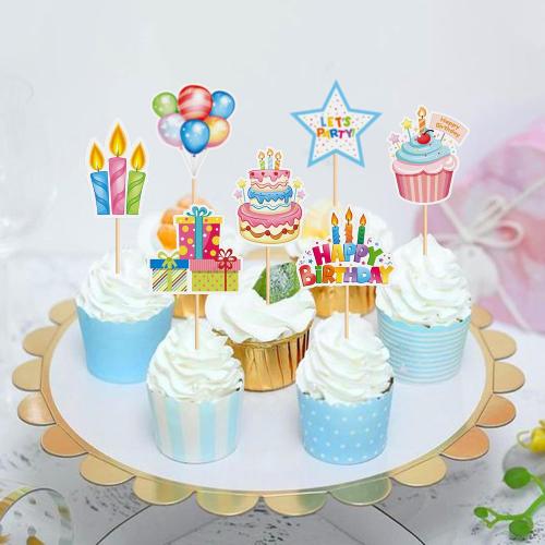 24Pcs Happy Birthday Cupcake Toppers Colorful Birthday Party Cupcake Picks Party Hat Gifts Box Birthday Candle Food Picks for Baby Shower Boys Girls Kids Birthday Party Decorations