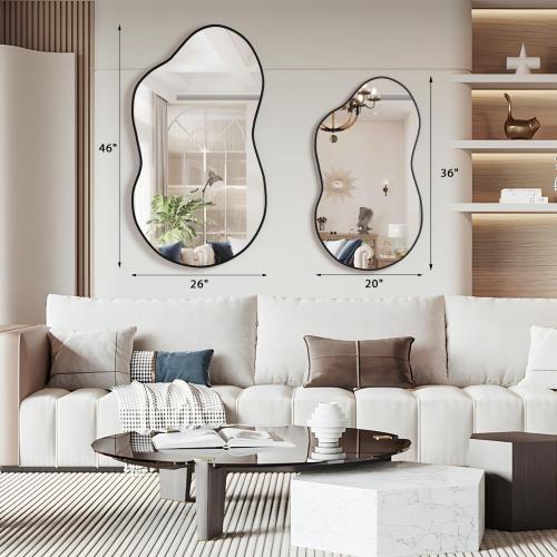 Irregular Wall Mirror, Asymmetrical Cloud Mirror Large Unique Vanity Body Mirrors Black Bathroom Wall Mounted Mirror Modern Shaped Dressing for Living Room Entryway