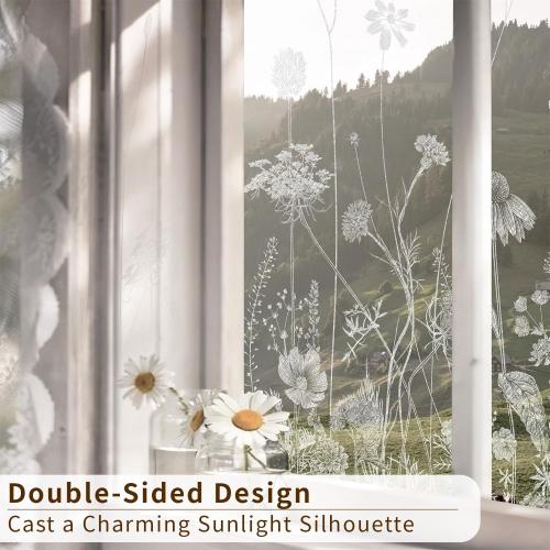 Botanical Etched Glass Transparent Window Film Decorative Glass Window Decor, Thickened Floral White Frost Decorative Window Film, Daisy and Wildflower 22.83X47.24