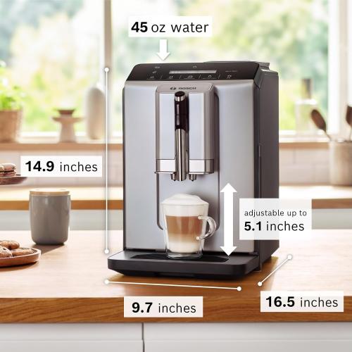 Bosch TIU20508 300 Series Fully Automatic Espresso Machine with Milk Express (in-cup frother), LCD   Touch Control Panel, Cup Warmer, OneTouch Milk-based Beverages and 5 Beverage Options, Dark Silver‼️Light dirt‼️