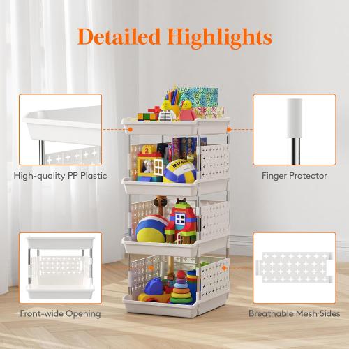 Lifewit Plastic Stackable Storage Baskets, 4 Tier Stacking Bins for Food and Clothes, Multifunctional Organizer for RV, Kitchen, Playroom, Pantry and Bathroom, 13.8D x 11.8W x 28.3H, 1 Pack, White