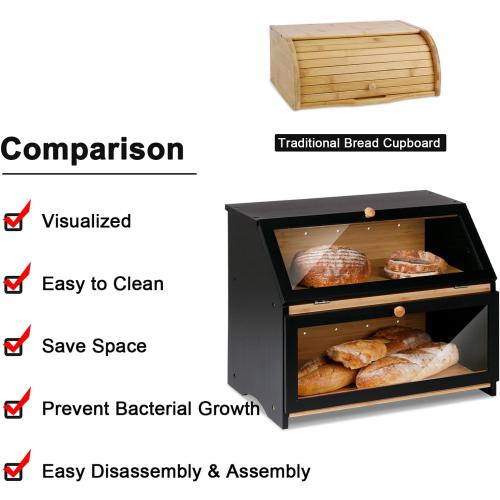 HOMEKOKO Double Layers Large Bread Box for Kitchen Counter, Wooden Large Capacity Bamboo Bread Food Storage Bin - Black