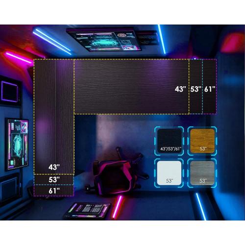 AODK L Shaped Desk Gaming Desk with LED Light & Power Outlet, 53 Inch Reversible L Shaped Computer Table with Shelf & Storage Bag & Hook for Home Office, Black