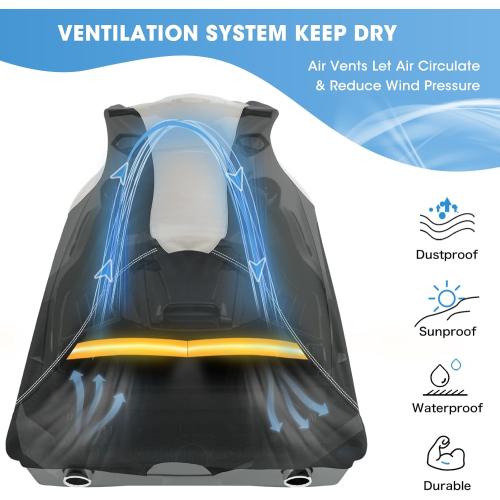 Grey and Black Solim Trailerable Jet Ski Cover, 1200D PU Oxford Waterproof Jetski Cover, Heavy Duty Marine Grade Polyester PWC Cover with Reflective Air Vent & Strap for Yamaha Sea-Doo Kawasaki 2-3 Seater