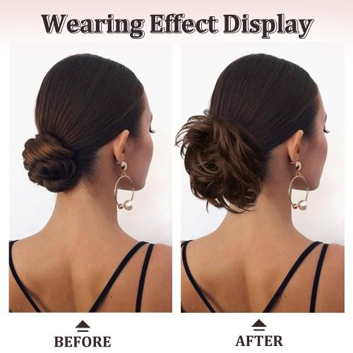 RUWISS Claw Clip Messy Bun Hair Piece Real Human Hair Buns Wavy Curly Chignon Hair Bun Extensions Tousled Updo Hair Buns Claw Clip Ponytail Hairpieces - Brown with Blonde Highlights
