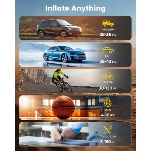 Tire Inflator Portable Air Compressor, 1 Min Fast Inflation Cordless Bike Pump with Digital Pressure Gauge LED Light, 150 PSI Electric Air Pump for Car Tires, Bicycle, Motorcycle, Ball (Grey)