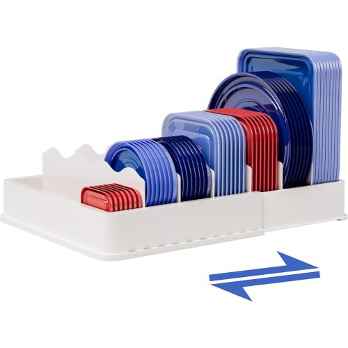 SWOMMOLY Expandable Food Storage Container Lid Organizer, Includes 6 Adjustable Dividers, 30 Preprinted and Blank Writable Labels, White