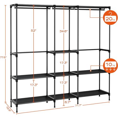 Clothes Rack, Portable Closet, 71.7 Inch Large Capacity Wardrobe Closet, Clothes Storage Organizer with Shelves and 3 Hanging Rods, Easy to Assembly, Black PCT035B01
