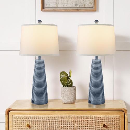 Terpsichore Nightstand Lamp Bedside Lamps Set of 2 Vintage Rustic Farmhouse Table Lamp 3 Way Dimmable Horizontal Stripe Light,Suitable for Living Room Bedroom,with Linen Shade LED Bulb,USB A C Port