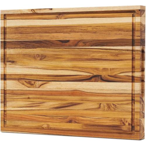 Teak Wood Cutting Boards for Kitchen, [18 x 14 x 1.25] Medium Wooden Cutting Boards, Knife Friendly Butcher Block Cutting Board with Deep Juice Grooves and Built in Handle