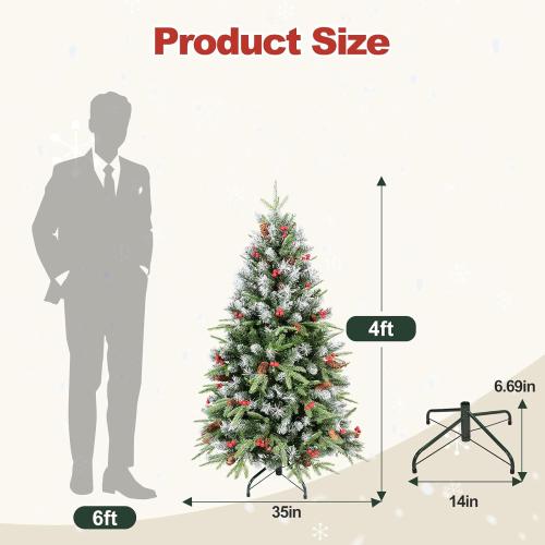 4ft Unlit Christmas Tree Pre-Decorated Snow Flocked with Pine Cones & Red Berries Artificial Xmas Tree for Holiday Office Outdoor Christmas Decoration(Green White)