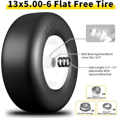 13x5.00-6 Flat Free Lawn Mower Tire, 13x5-6 Zero Turn Mower Front Tires, 13x5x6 Solid Mower Wheel for Residential and Commercial, 3/4 and Extra 5/8 Bearing, 3.25-5.9 Center Hub, 2Pack White