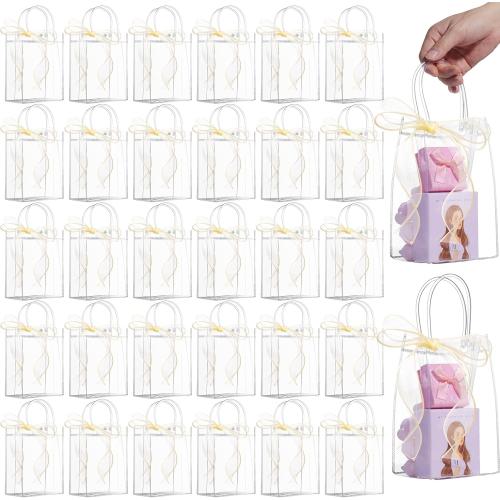 WDSHCR 80 PCS Clear Plastic Gift Bags with Handles, Party Favor Bags with Ribbons, Reusable Goodie Tote Bags for Wedding, Baby Shower, Birthday (Clear 5.1 x 7.5 x 3.1, 80 Pack)