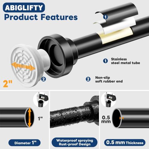 Abiglifty Black Shower Curtain Rod 30~85 Inches Adjustable Stainless Steel Shower Curtain Rods Spring Tension,Tension Curtain Rod,Non Slip,No Drilling, Sturdy and Durable.