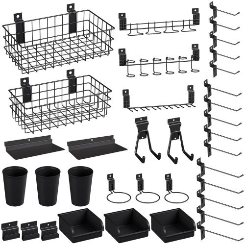 INCLY 30PCS Slatwall Accessories Set with Slatwall Baskets, Slatwall Hooks, Slatwall Shelves, Slatwall Bins, Slatwall Cups, Heavy Duty Slat Wall Accessory for Garage Room Shop Organizing Display