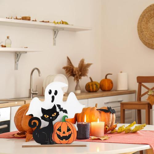 Halloween Decorations Indoor Wooden Black Cat Halloween Decor Ghost Table Sign Pumpkin Table Centerpieces Standing Tabletop Decoration for Holiday Desk Tiered Tray Party Shelf Decorations Farmhouse