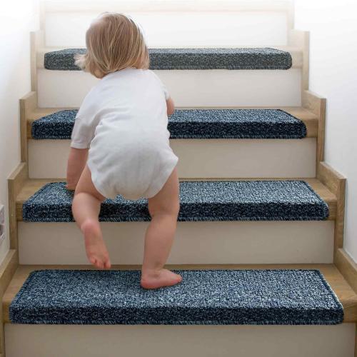 Bullnose Carpet Stair Treads, Non Slip Stair Treads for Wooden Steps Indoor, Stair Runner, Soft Stair Rugs for Pets, Edging Stair Protectors, Washable, 29.5x9.5x1.5 14pcs, Blue