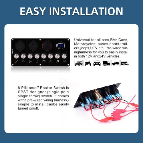8 Gang Marine Boat Switch Panel Waterproof with Charger (PD,QC3.0 ) and Voltage Meter, 12V/24V Rocker Switch Panel for car,Trucks, Boats